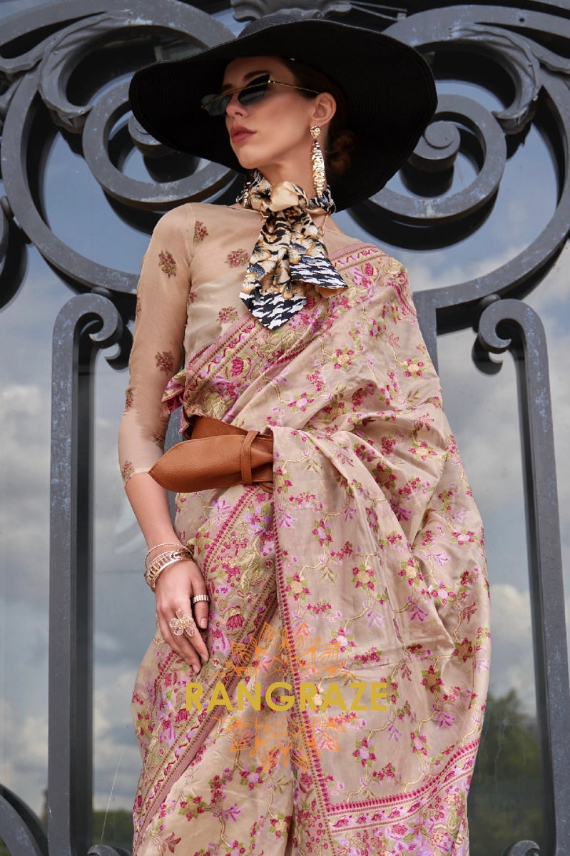 Cream Beige Organza Parsi Handloom Weaving Jamewar Saree