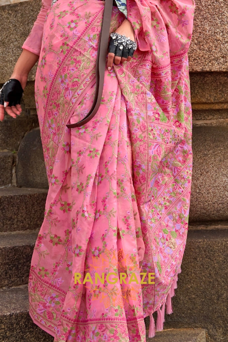 Neon Pink Organza Parsi Handloom Weaving Jamewar Saree