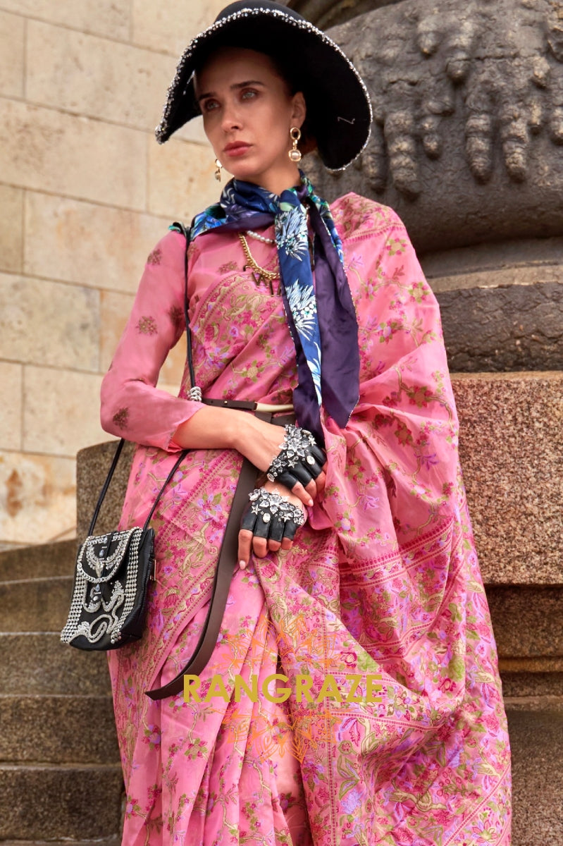 Neon Pink Organza Parsi Handloom Weaving Jamewar Saree