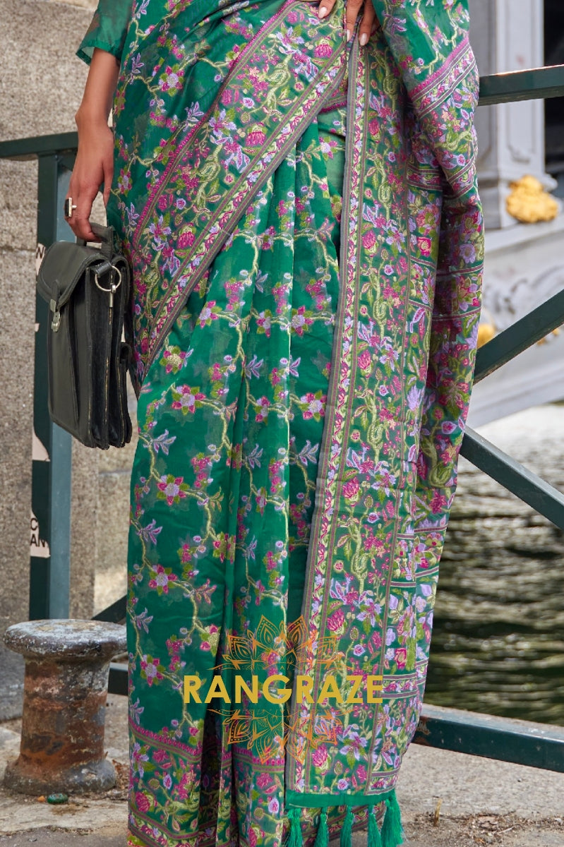 Teal Green Organza Parsi Handloom Weaving Jamewar Saree