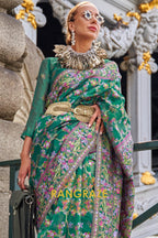 Teal Green Organza Parsi Handloom Weaving Jamewar Saree