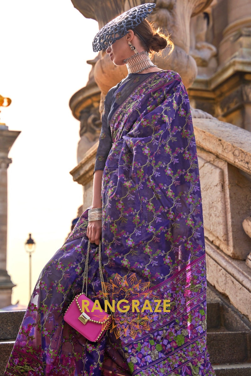 Indigo Blue Organza Parsi Handloom Weaving Jamewar Saree