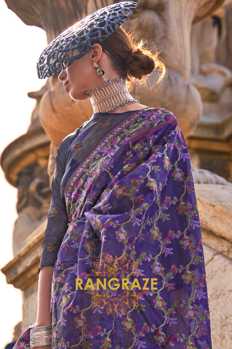 Indigo Blue Organza Parsi Handloom Weaving Jamewar Saree