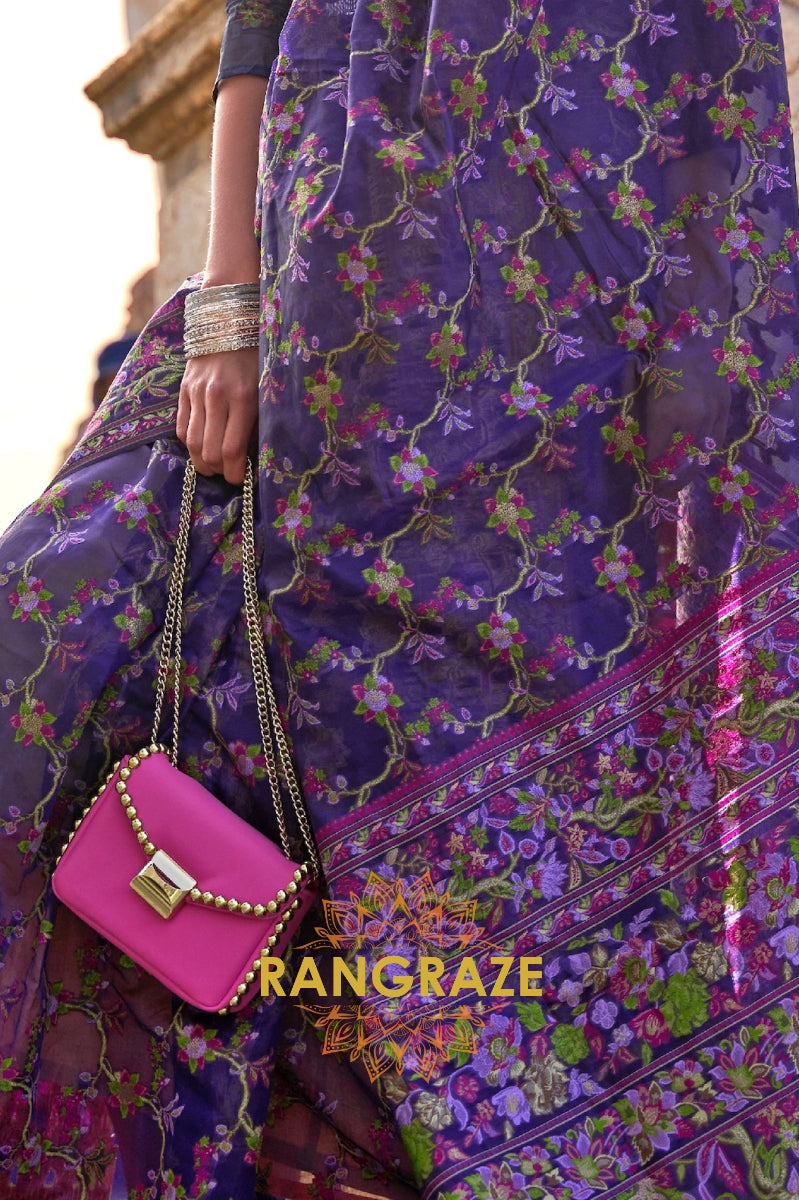 Indigo Blue Organza Parsi Handloom Weaving Jamewar Saree