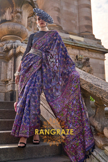 Indigo Blue Organza Parsi Handloom Weaving Jamewar Saree