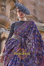 Indigo Blue Organza Parsi Handloom Weaving Jamewar Saree