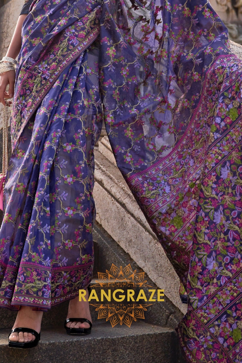 Indigo Blue Organza Parsi Handloom Weaving Jamewar Saree