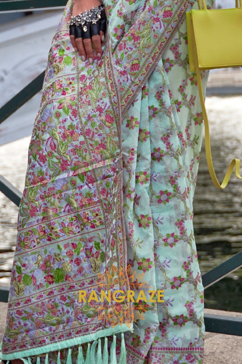 Turquoise Green Organza Parsi Handloom Weaving Jamewar Saree