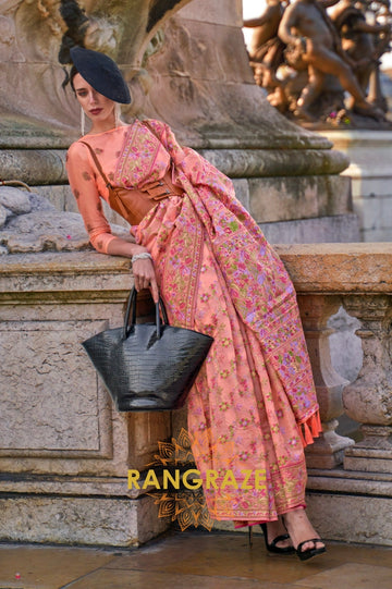 Pastel Peach Organza Parsi Handloom Weaving Jamewar Saree