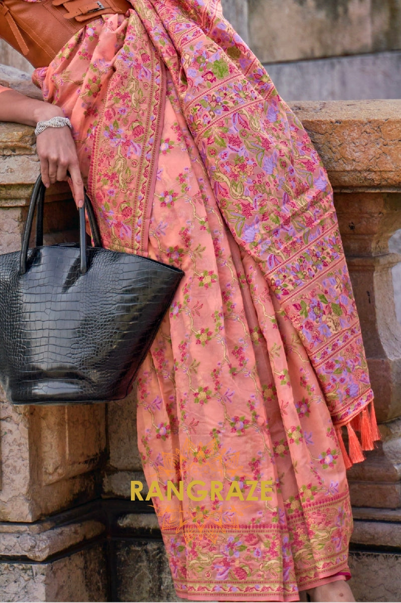 Pastel Peach Organza Parsi Handloom Weaving Jamewar Saree