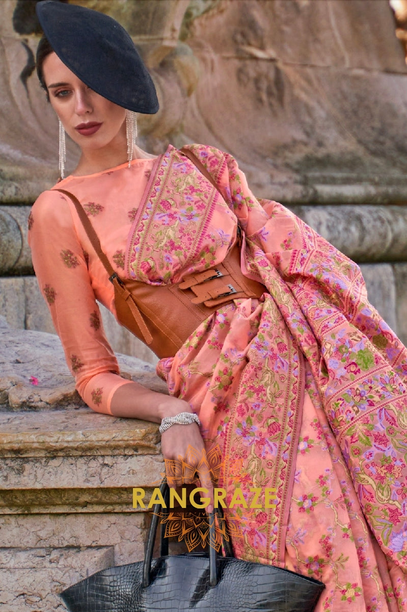 Pastel Peach Organza Parsi Handloom Weaving Jamewar Saree