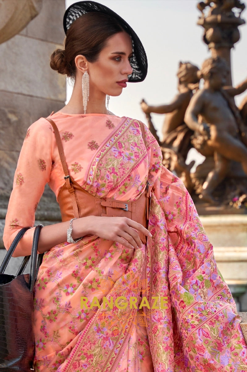 Pastel Peach Organza Parsi Handloom Weaving Jamewar Saree