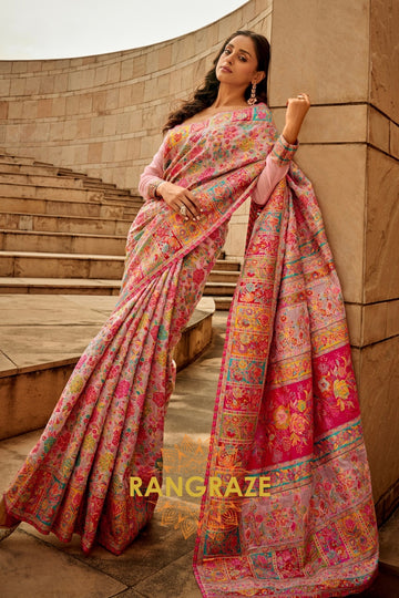 Pastel Pink Multicolor Woven Kashmiri Jamewar Saree With Beautiful Rich Pallu