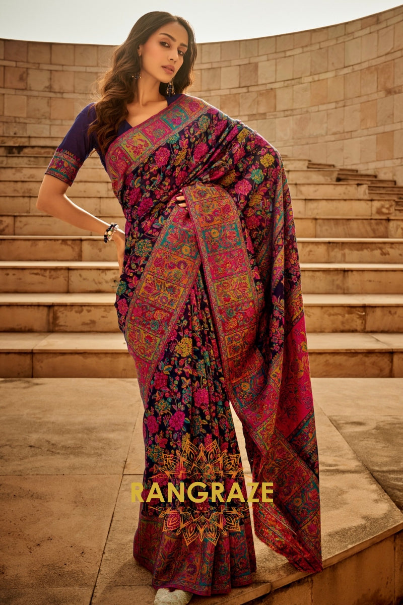 Midnight Blue Multicolor Woven Kashmiri Jamewar Saree With Beautiful Rich Pallu