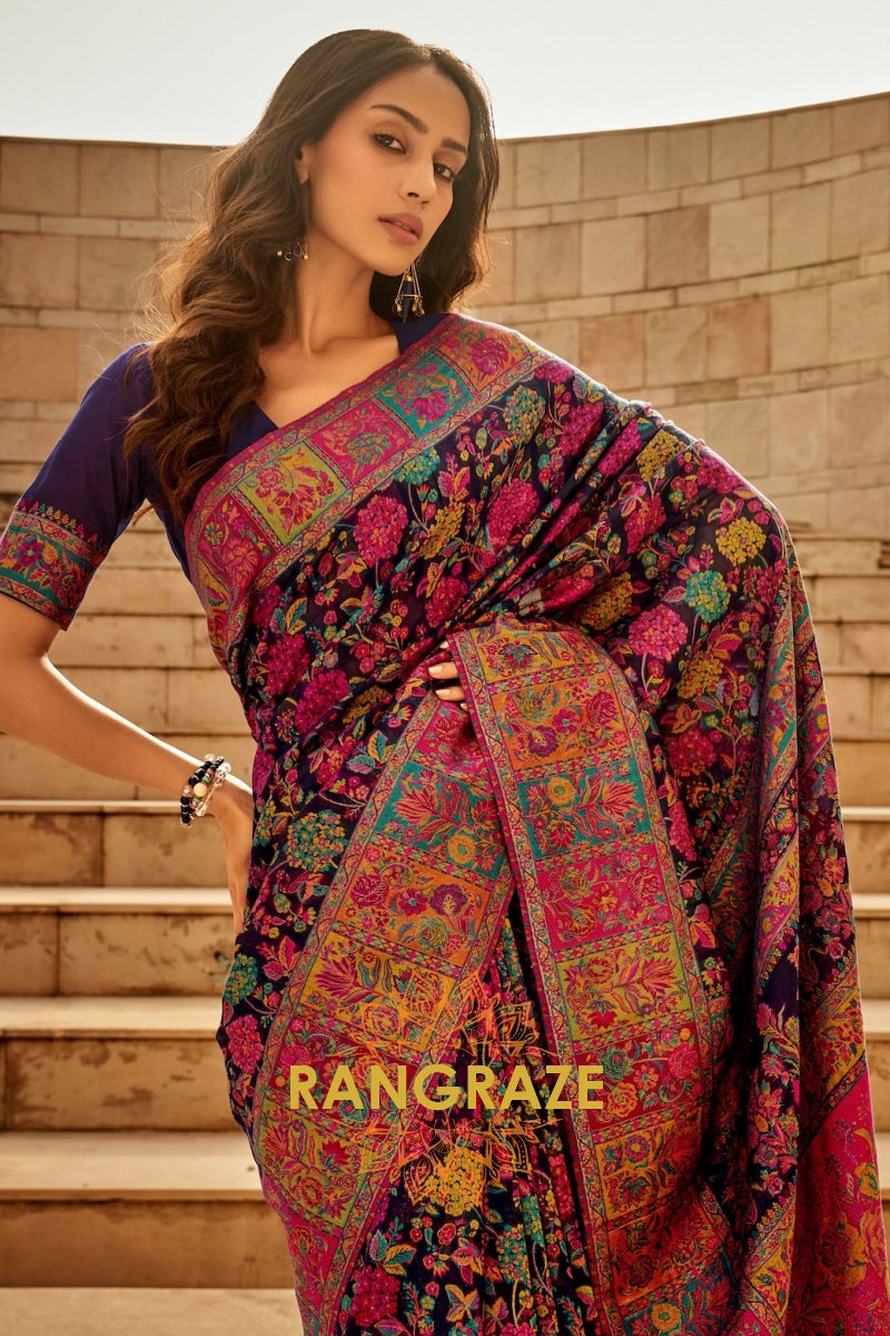Midnight Blue Multicolor Woven Kashmiri Jamewar Saree With Beautiful Rich Pallu