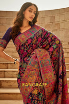 Midnight Blue Multicolor Woven Kashmiri Jamewar Saree With Beautiful Rich Pallu