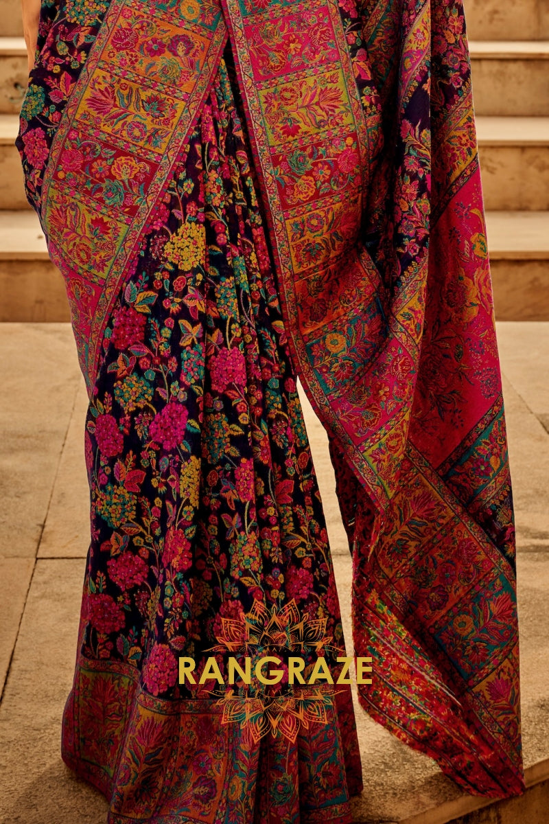 Midnight Blue Multicolor Woven Kashmiri Jamewar Saree With Beautiful Rich Pallu