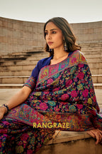 Midnight Blue Multicolor Woven Kashmiri Jamewar Saree With Beautiful Rich Pallu