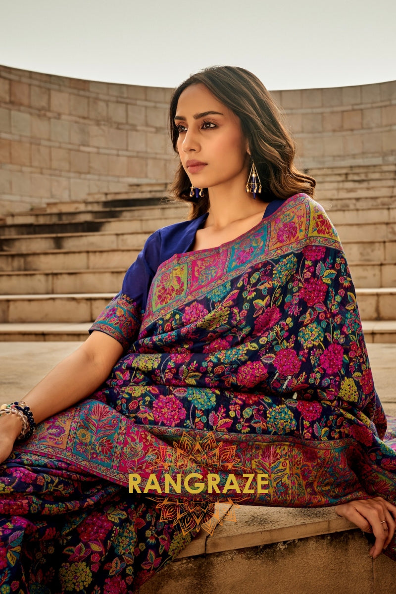 Midnight Blue Multicolor Woven Kashmiri Jamewar Saree With Beautiful Rich Pallu