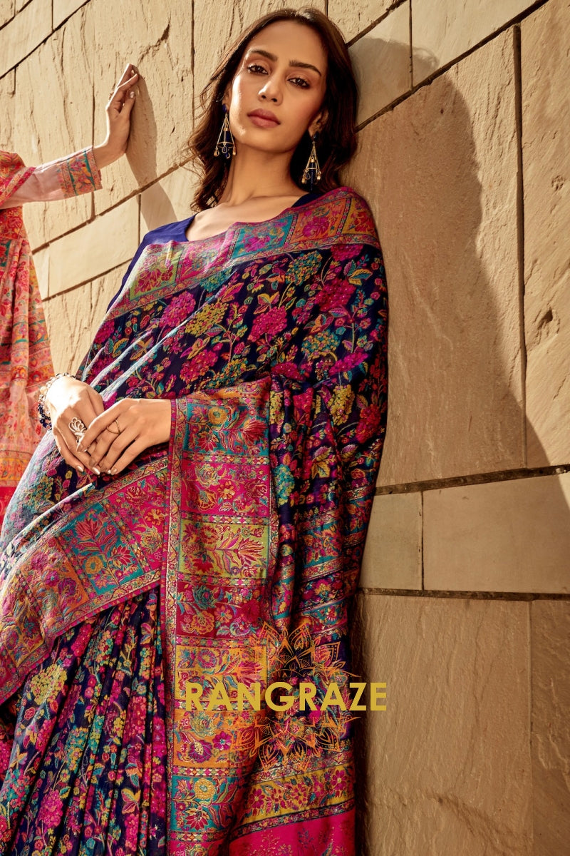 Midnight Blue Multicolor Woven Kashmiri Jamewar Saree With Beautiful Rich Pallu