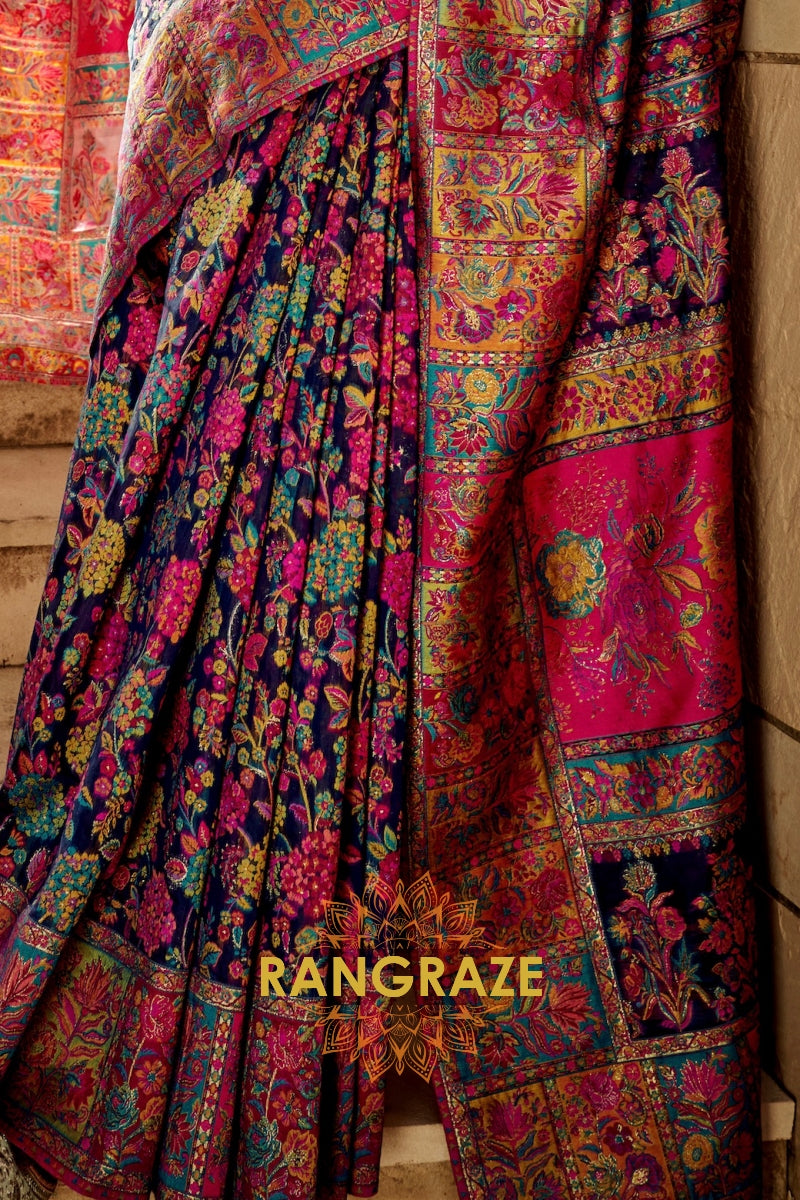 Midnight Blue Multicolor Woven Kashmiri Jamewar Saree With Beautiful Rich Pallu