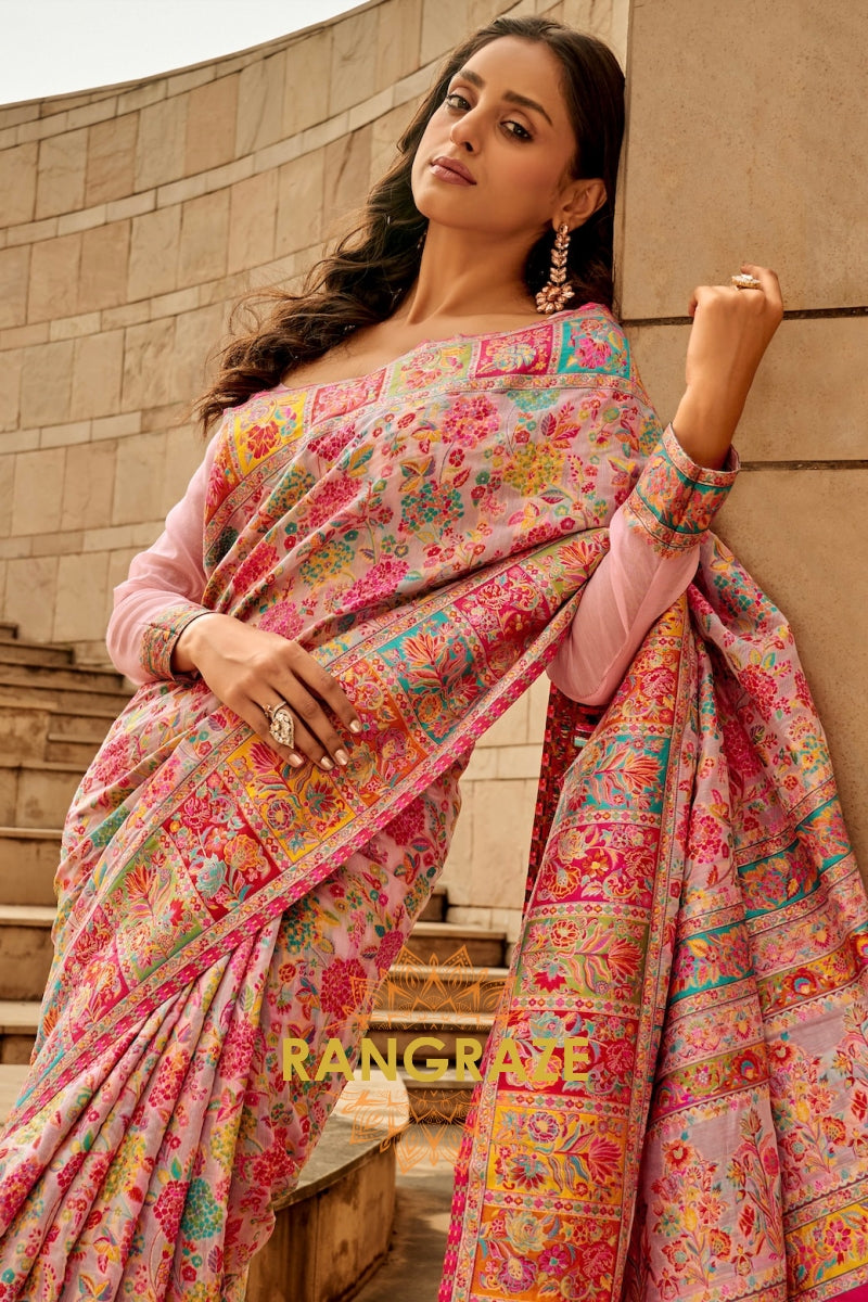 Pastel Pink Multicolor Woven Kashmiri Jamewar Saree With Beautiful Rich Pallu