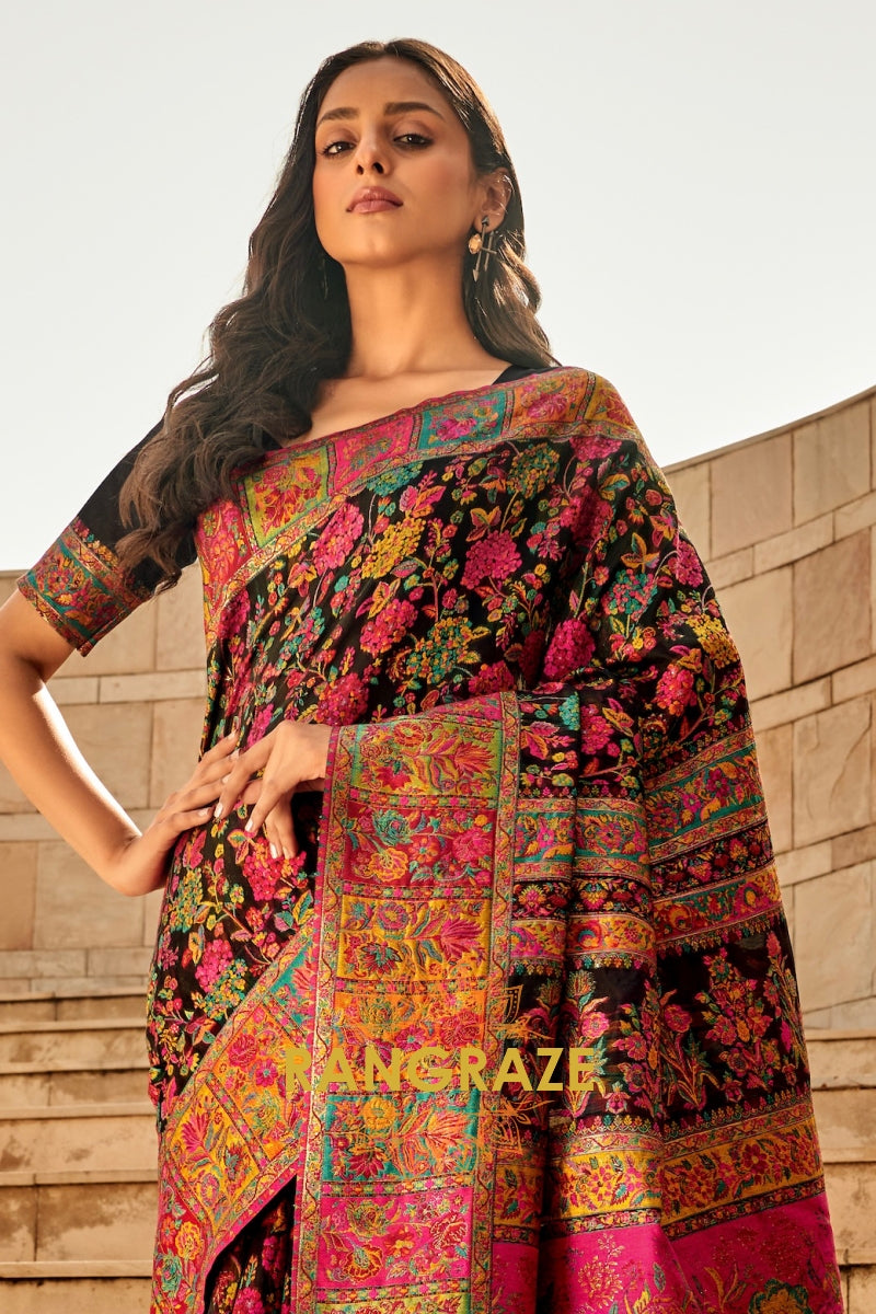 Black Multicolor Woven Kashmiri Jamewar Saree With Beautiful Rich Pallu