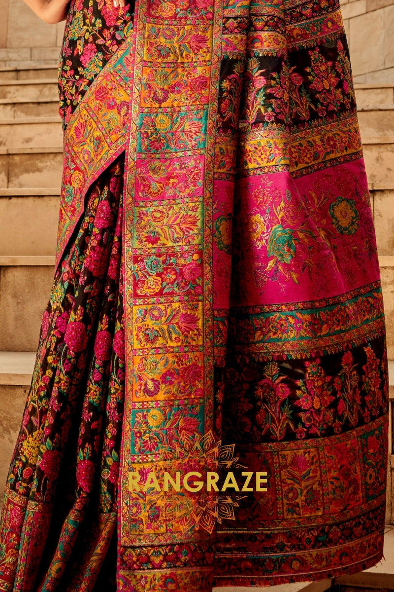 Black Multicolor Woven Kashmiri Jamewar Saree With Beautiful Rich Pallu