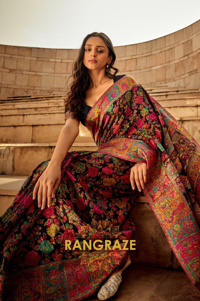 Black Multicolor Woven Kashmiri Jamewar Saree With Beautiful Rich Pallu