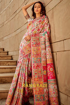 Opal White Multicolor Woven Kashmiri Jamewar Saree With Beautiful Rich Pallu