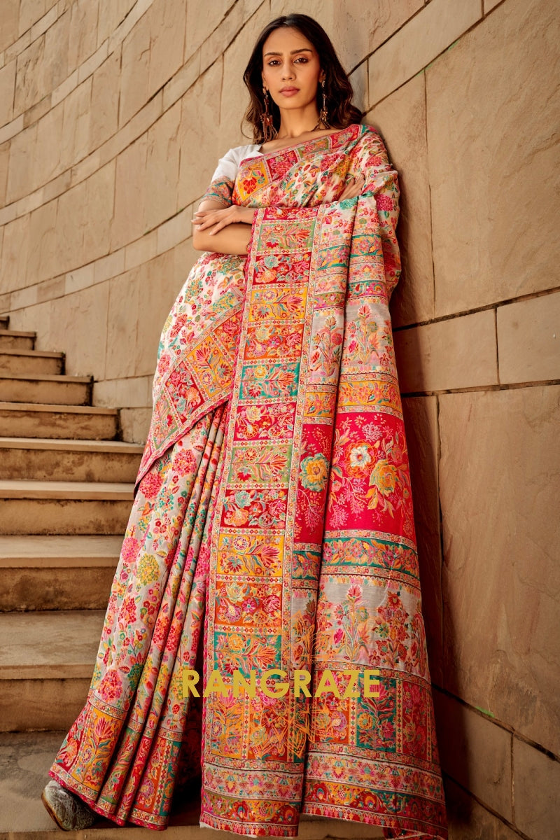 Opal White Multicolor Woven Kashmiri Jamewar Saree With Beautiful Rich Pallu