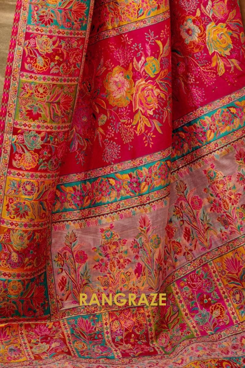 Pastel Pink Multicolor Woven Kashmiri Jamewar Saree With Beautiful Rich Pallu