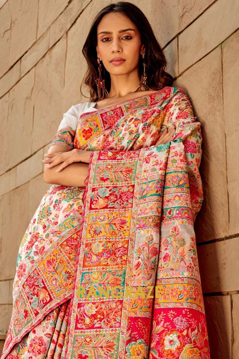 Opal White Multicolor Woven Kashmiri Jamewar Saree With Beautiful Rich Pallu