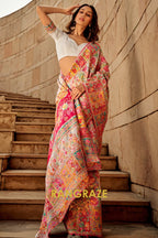 Opal White Multicolor Woven Kashmiri Jamewar Saree With Beautiful Rich Pallu