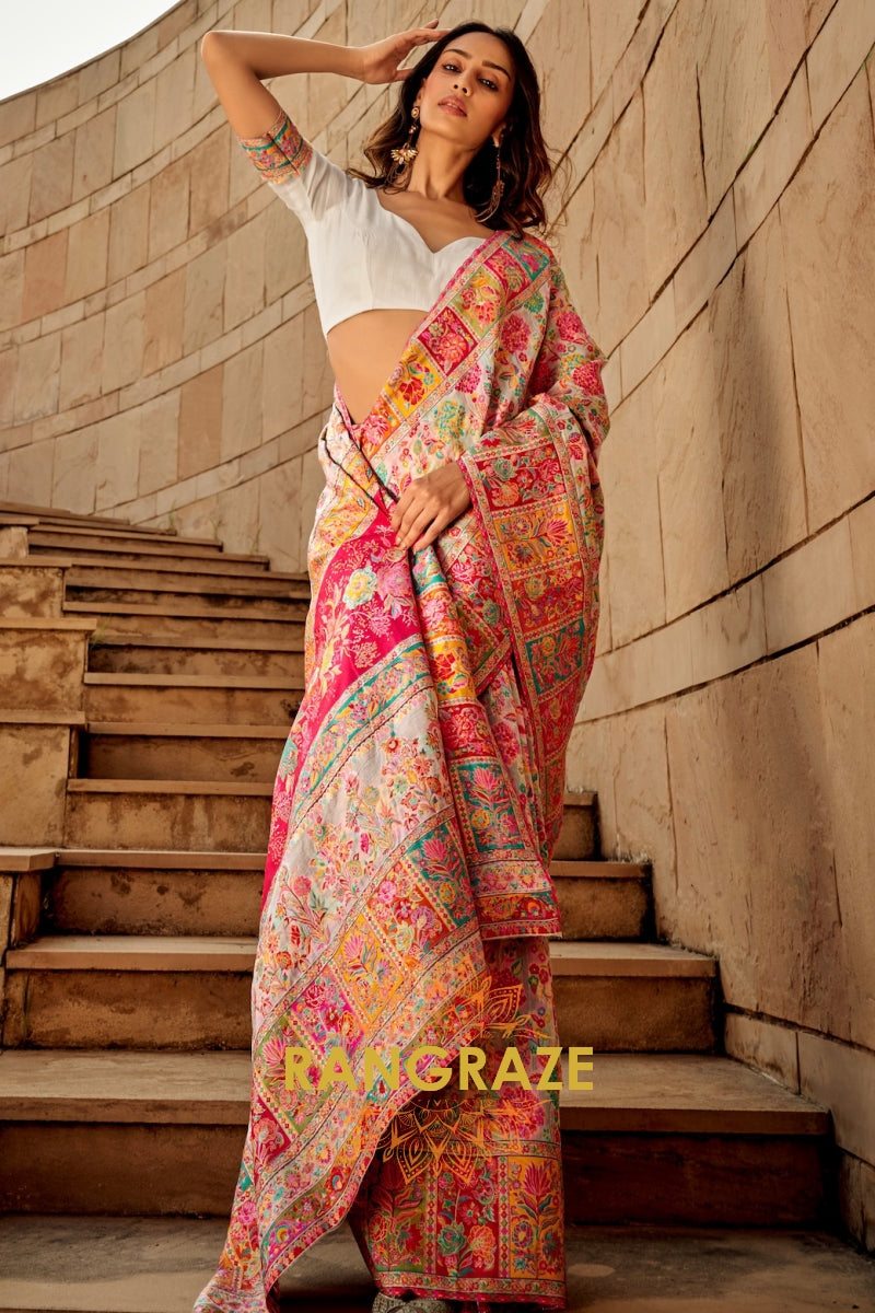 Opal White Multicolor Woven Kashmiri Jamewar Saree With Beautiful Rich Pallu