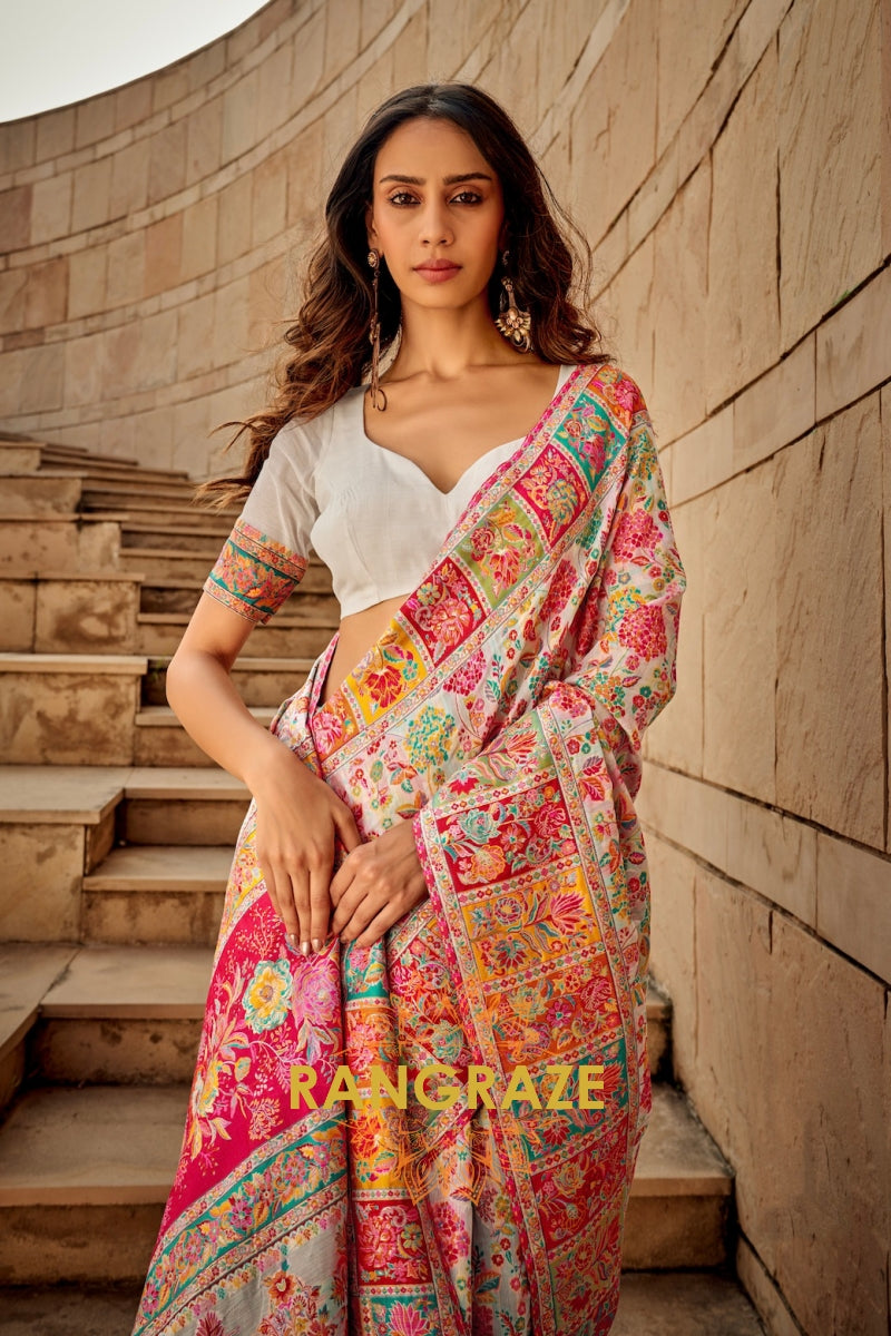 Opal White Multicolor Woven Kashmiri Jamewar Saree With Beautiful Rich Pallu