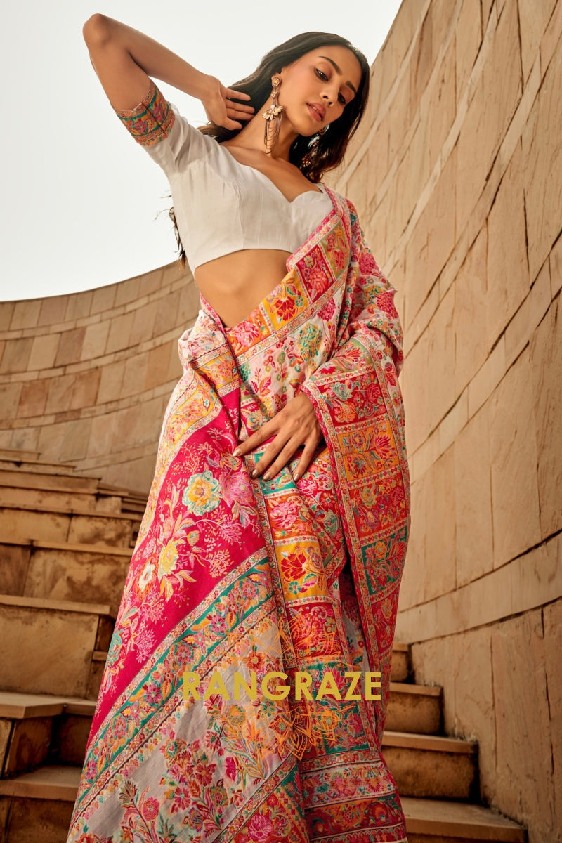 Opal White Multicolor Woven Kashmiri Jamewar Saree With Beautiful Rich Pallu