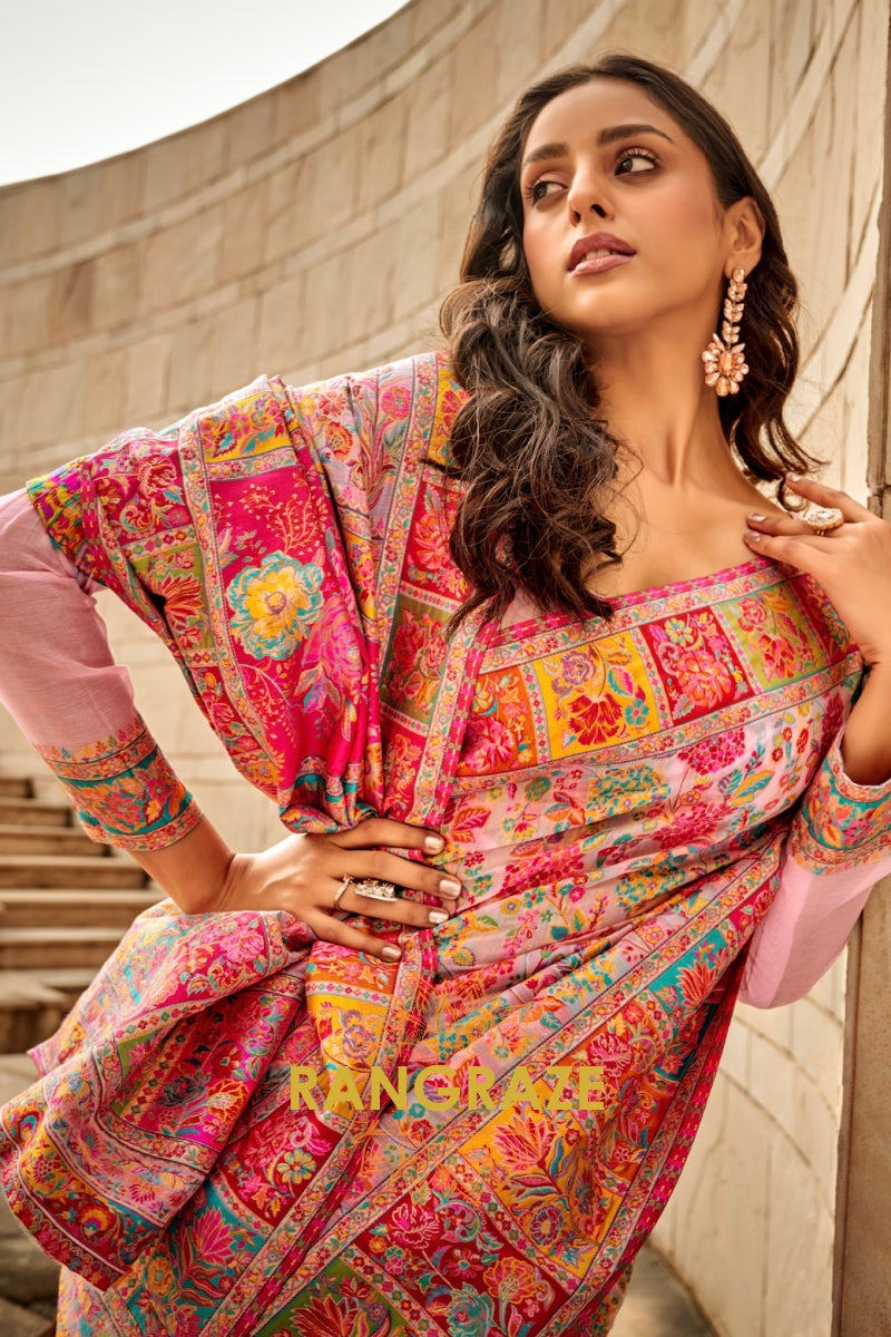 Pastel Pink Multicolor Woven Kashmiri Jamewar Saree With Beautiful Rich Pallu