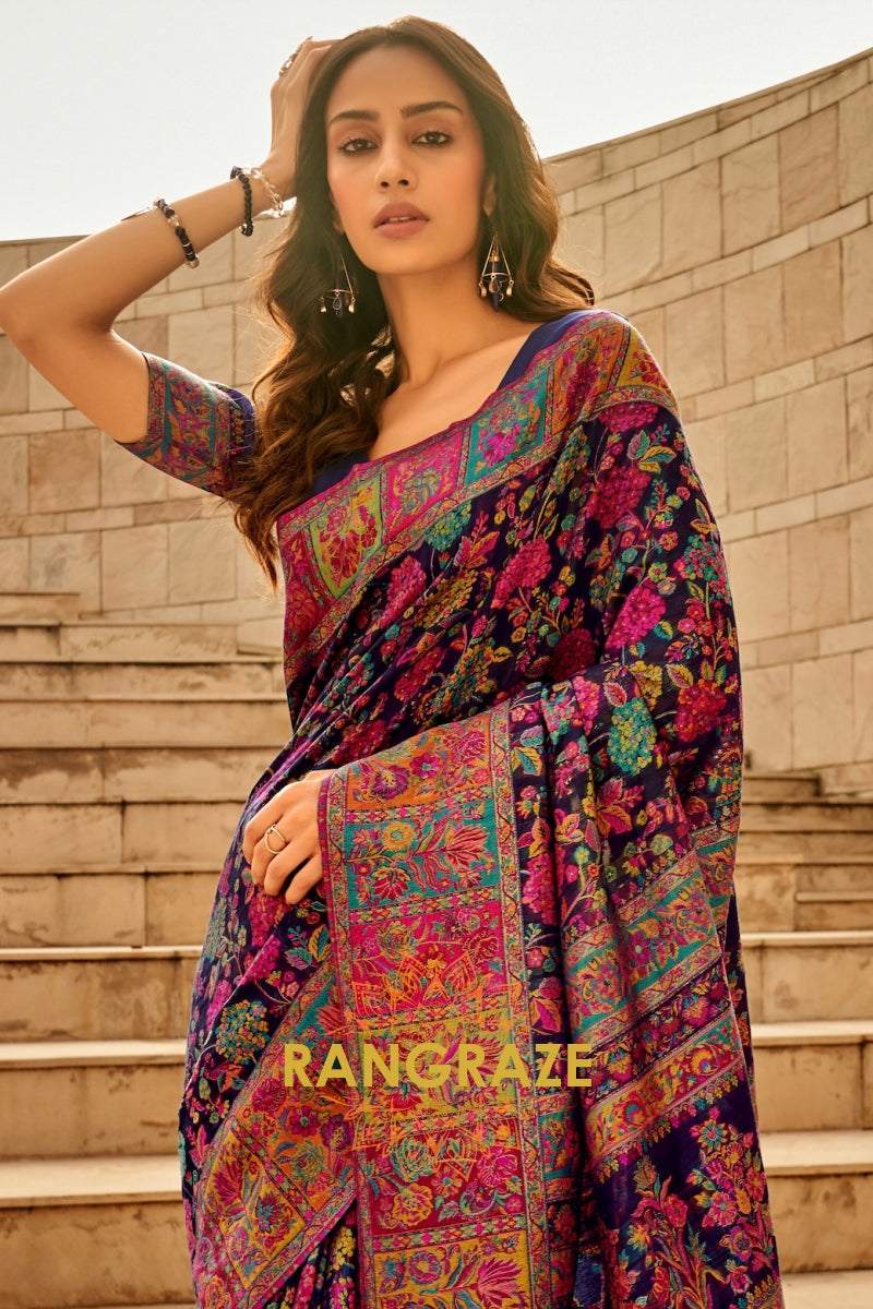 Midnight Blue Multicolor Woven Kashmiri Jamewar Saree With Beautiful Rich Pallu