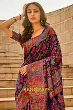 Midnight Blue Multicolor Woven Kashmiri Jamewar Saree With Beautiful Rich Pallu