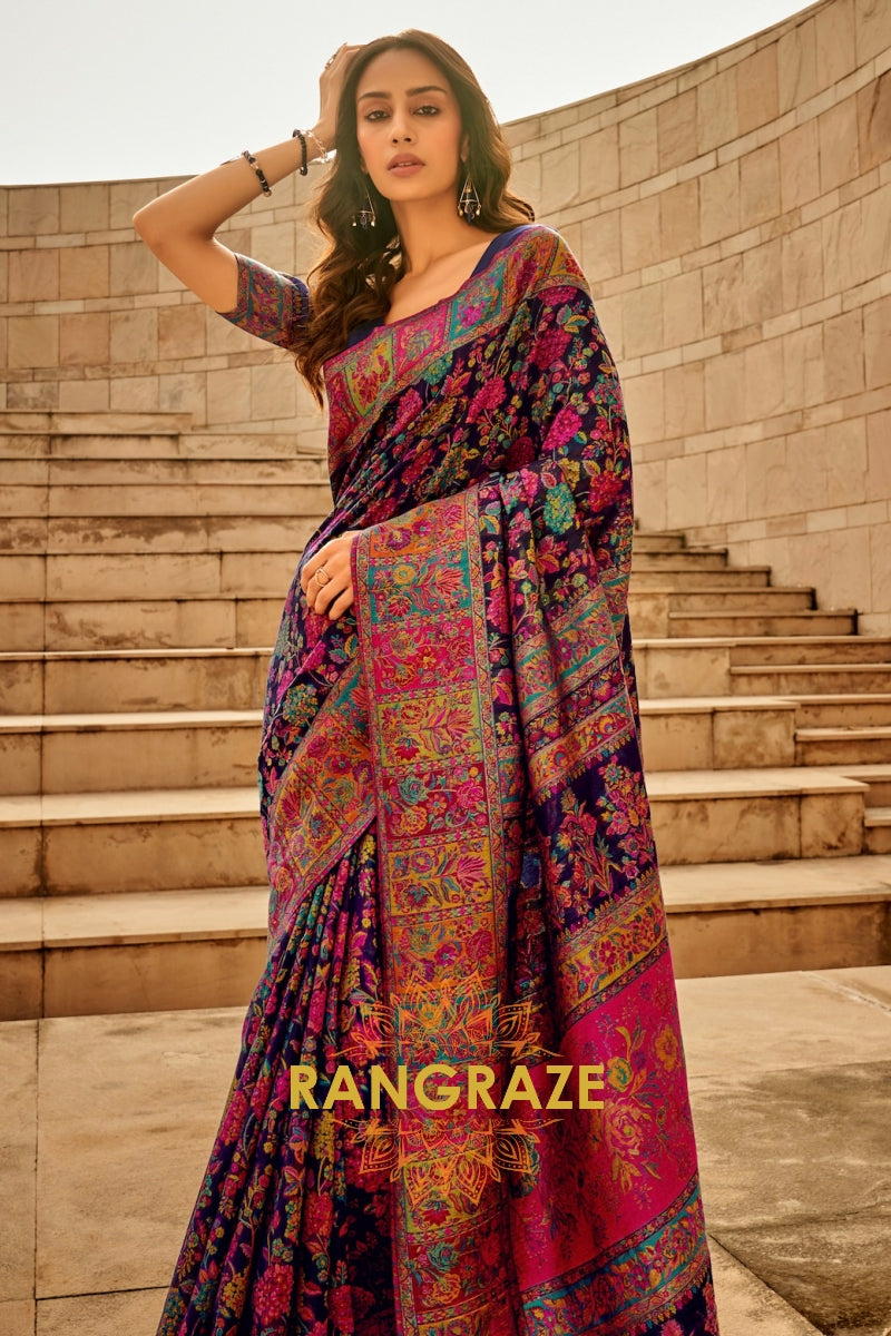 Midnight Blue Multicolor Woven Kashmiri Jamewar Saree With Beautiful Rich Pallu