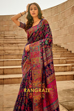 Midnight Blue Multicolor Woven Kashmiri Jamewar Saree With Beautiful Rich Pallu
