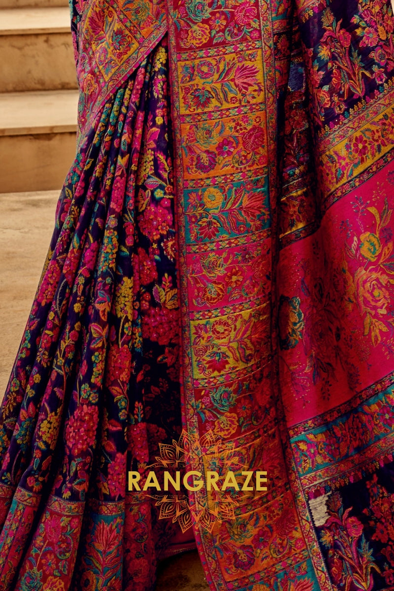 Midnight Blue Multicolor Woven Kashmiri Jamewar Saree With Beautiful Rich Pallu