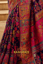 Midnight Blue Multicolor Woven Kashmiri Jamewar Saree With Beautiful Rich Pallu