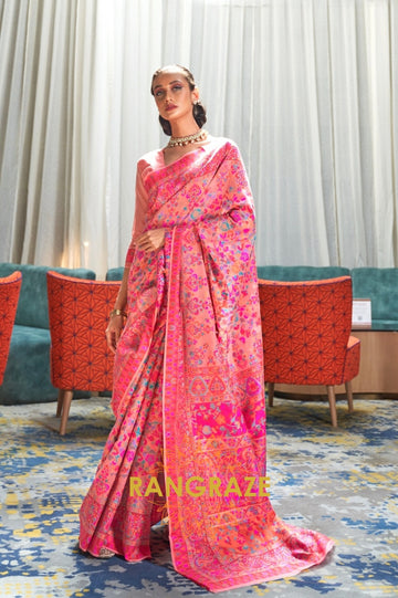 Peach Pink Multi Color Kashmiri Jamewar Weave Saree