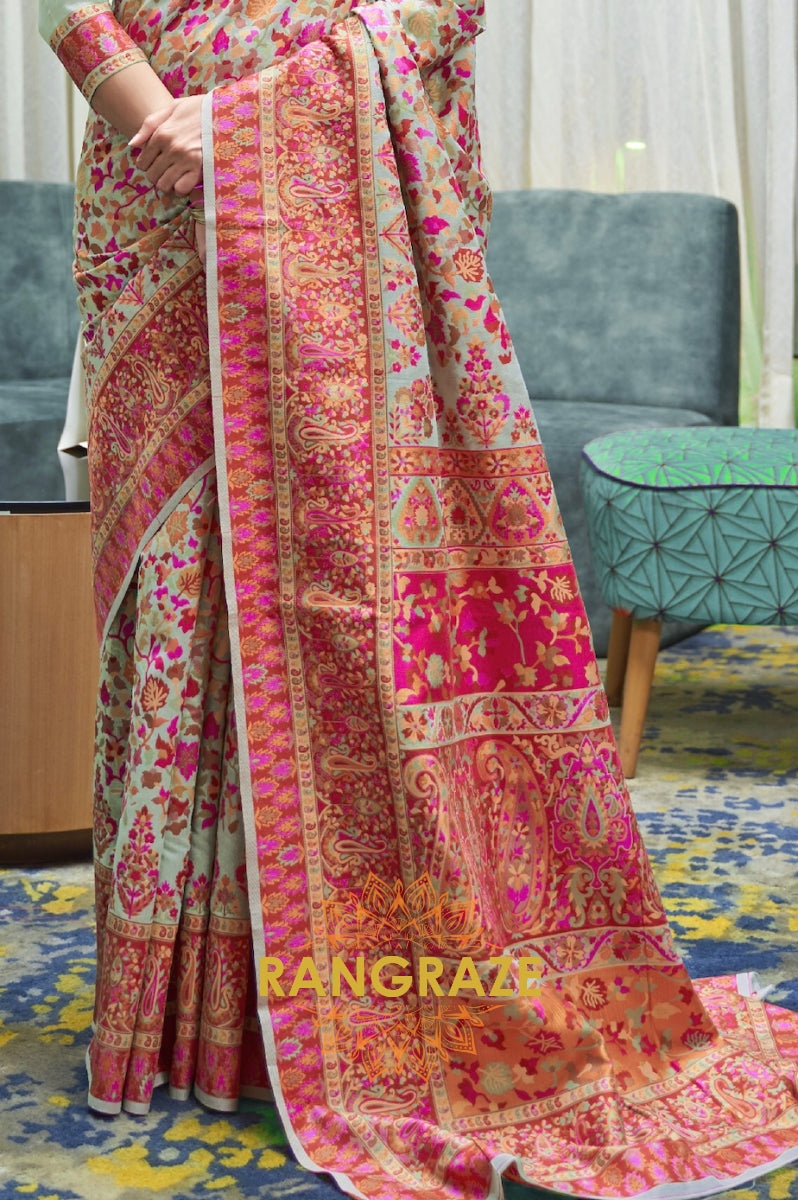 Light Blue Multi Color Kashmiri Jamewar Weave Saree