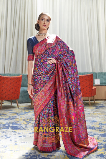 Navy Blue Multi Color Kashmiri Jamewar Weave Saree