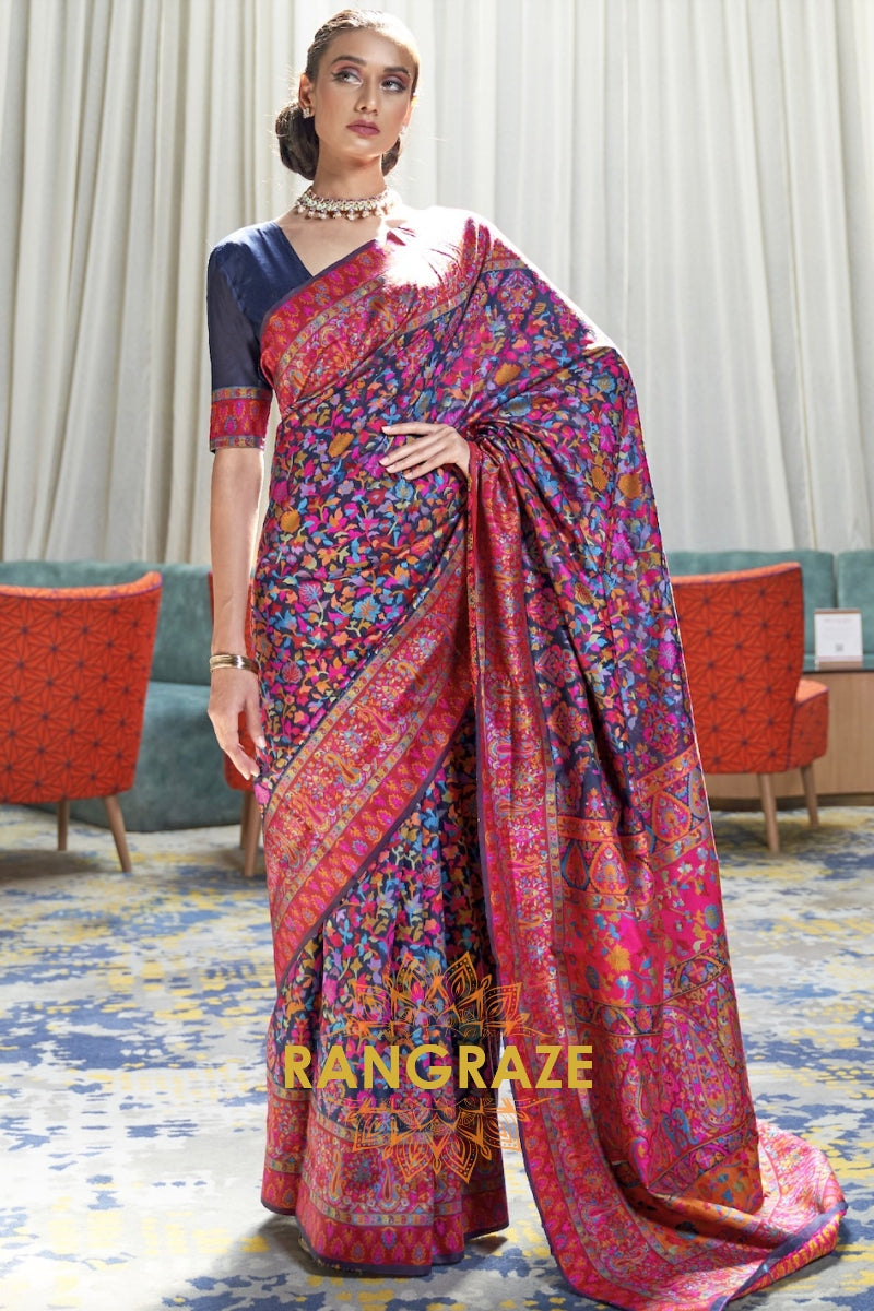 Navy Blue Multi Color Kashmiri Jamewar Weave Saree