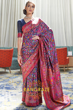 Navy Blue Multi Color Kashmiri Jamewar Weave Saree