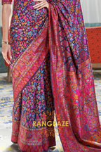 Navy Blue Multi Color Kashmiri Jamewar Weave Saree